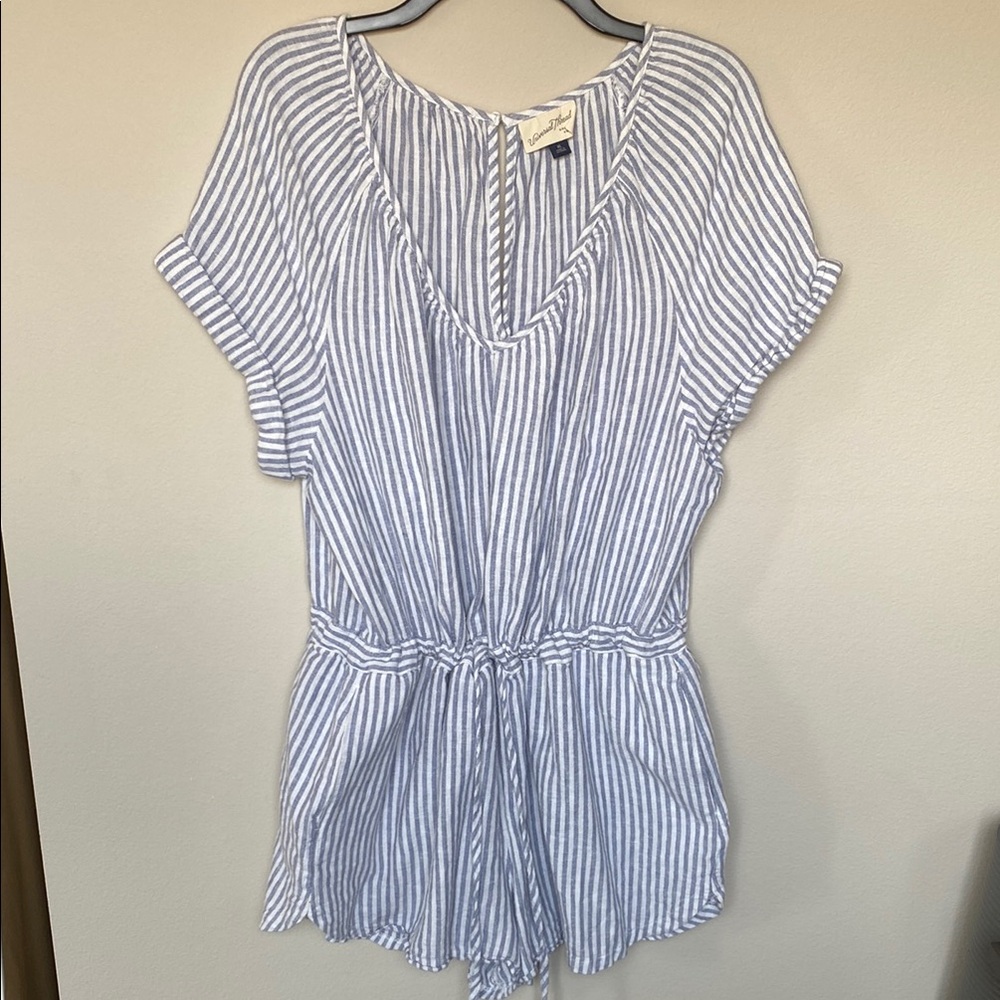 Universal Thread Blue and White Romper with Tie at Waist